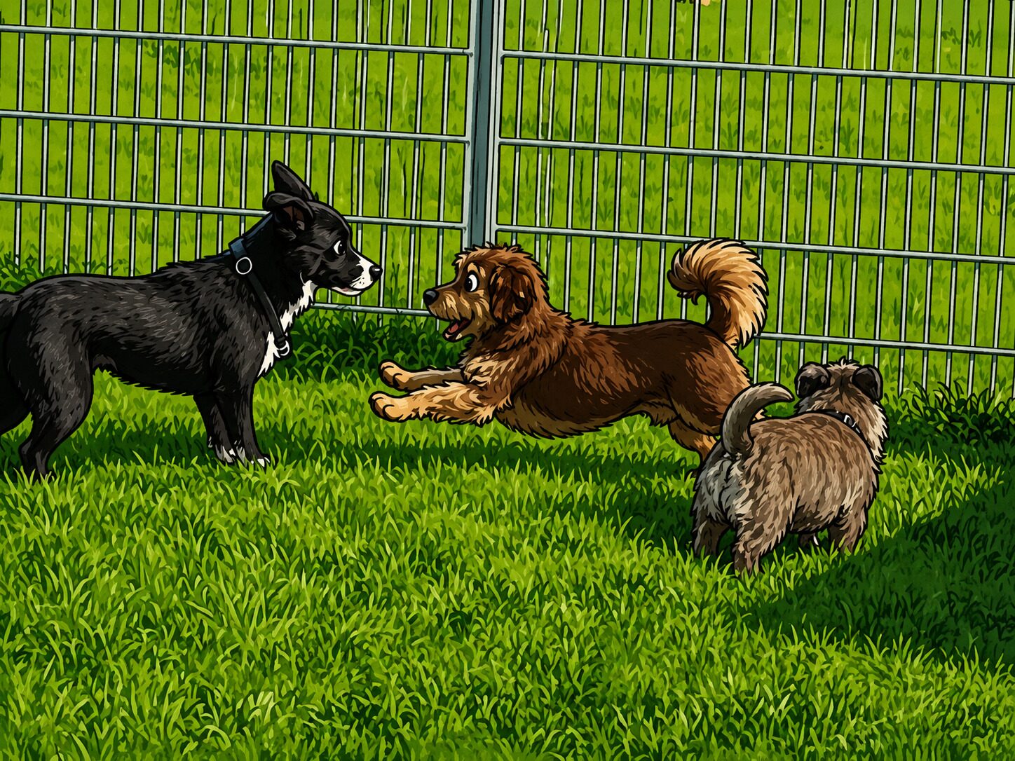 Drei Hunde spielen ausgelassen auf der eingezäunten Wiese des Hundehotels