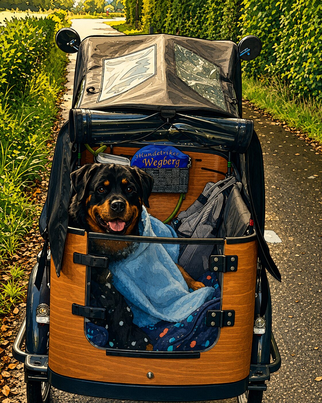 Hund entspannt im Hundetrike Wegberg bei einem Ausflug entlang der Hecke